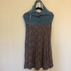 Vintage halter, denim and floral dress.